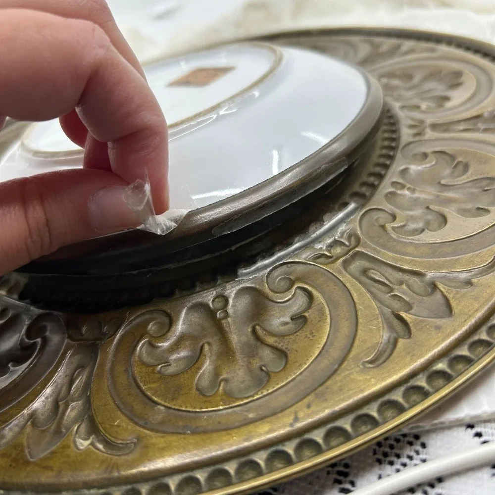 Antique Wall Plate Ornate Hand Painted Portrait Filigree Metal Circle Frame